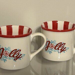 Set of 2 STARBUCKS  2007 Christmas "Jolly" Peppermint 14 oz Coffee Mugs Cups